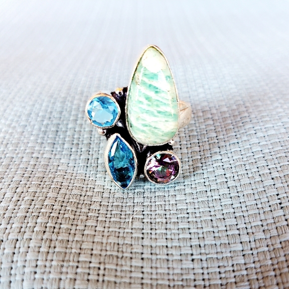 New Amazonite, Blue Quartz, Mystic Topaz 925 Silver Ring. - Picture 11 of 14